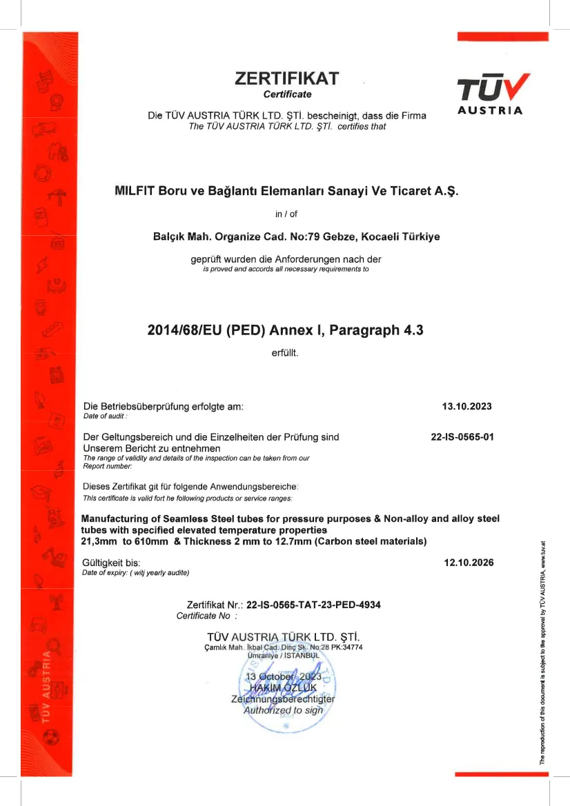 Milfit Boru Pipe PED Certificate