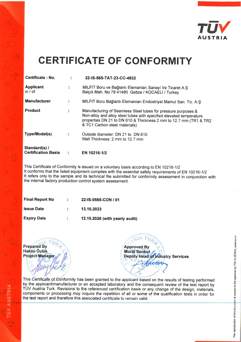 Milfit Boru EN 10216 CONFORMITY Certificate