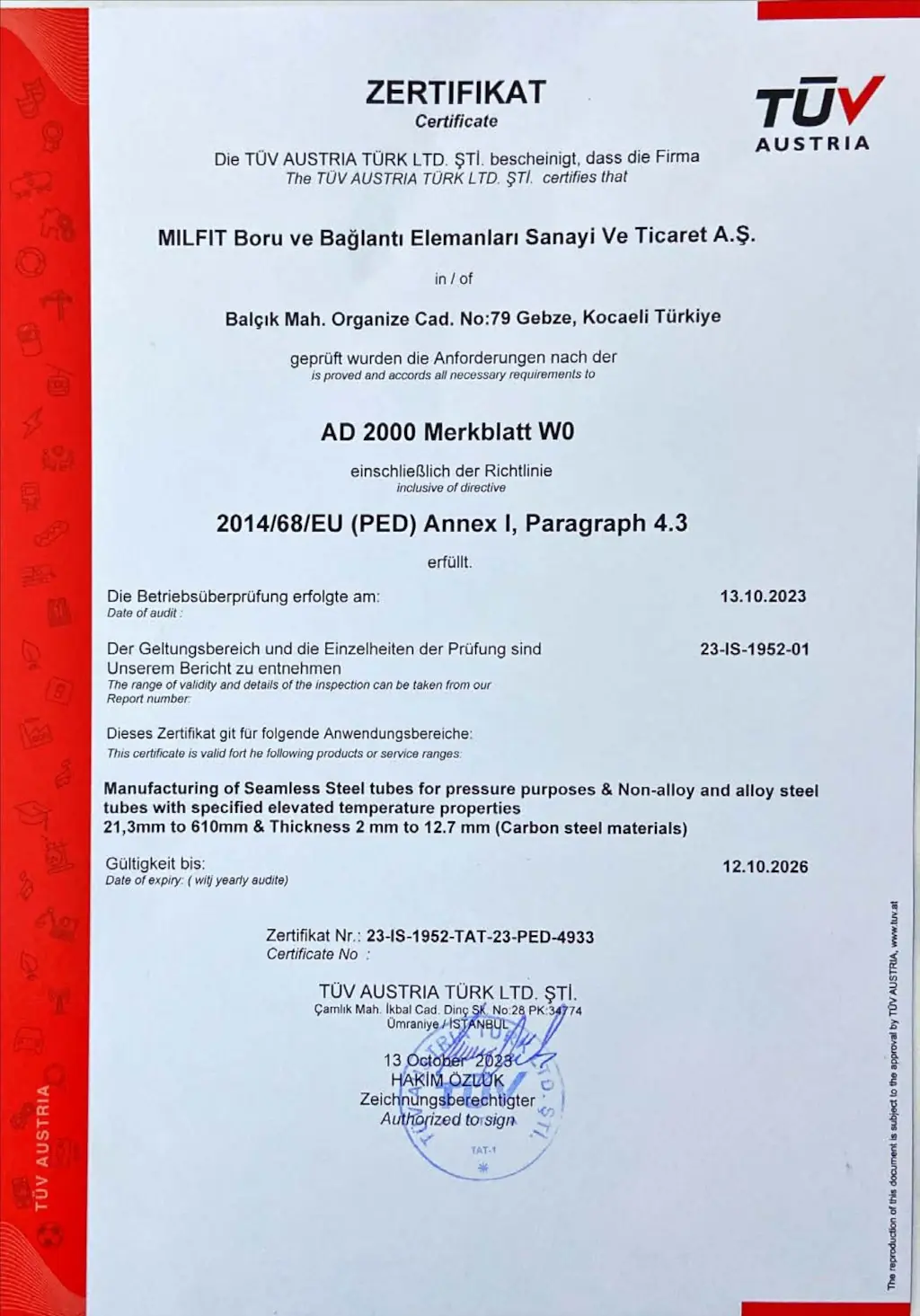Milfit Boru Pipe AD2000 W0 Certificate
